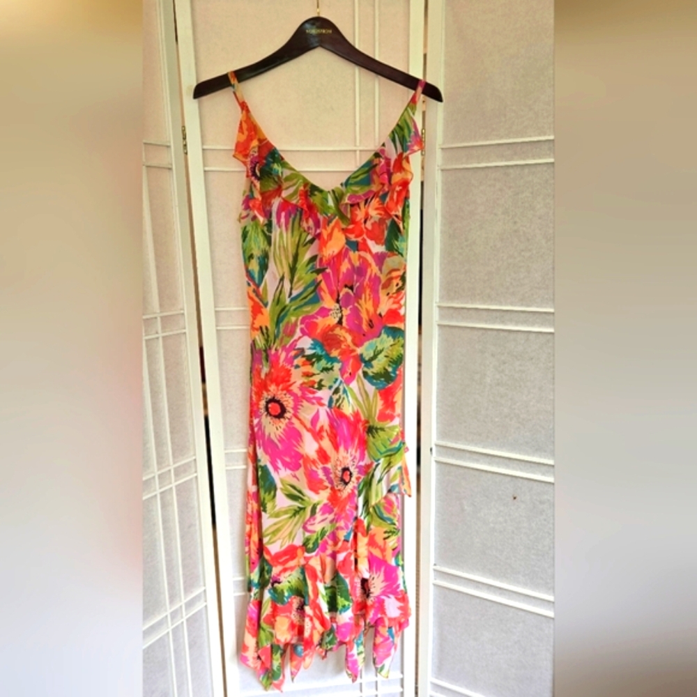 Vintage Tropical Floral Dress Spaghetti Staps